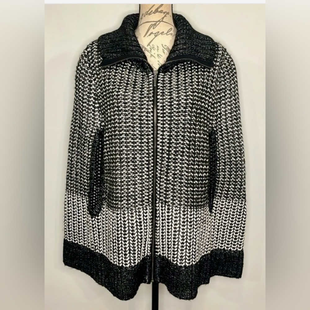 DKNY JEANS Sweater Cape/Poncho Style Lux Knit-Subtle Metallic,Black & White NWWT